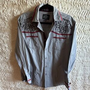 Men's Gray and Red Embroidered Shirt       F